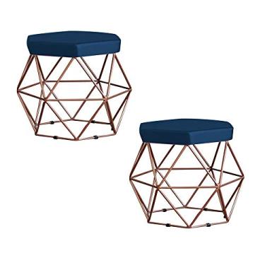 Imagem de Kit 2 Puff Decorativo Base Bronze Elsa Veludo Azul - Gran Belo