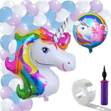 Imagem de Mega Kit 79pcs, Balão Temático Unicórnio + Balão Metalizado Unicórnio Redondo + 75 Balões Bexigas + Bomba Encher Balão + Tira Suporte Para Arco Desconstruído, Kit Festa Temática Unicórnio (Colorido)