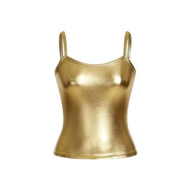 Imagem de Floerns Camiseta feminina de couro PU com alças finas, Dourado, P