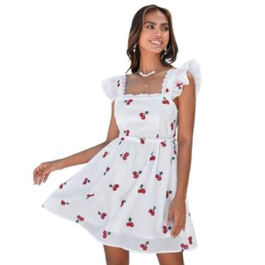 Imagem de Camisa Feminina Cherry Print Tie Backless Ruffle Trim Dress (Color : White, Size : M)