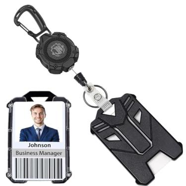 Imagem de JNOMOW Porta-crachá retrátil, chaveiro retrátil resistente com mosquetão de liga de zinco, porta-crachá de identificação táctico, cabo de aço 31,5, rebote de 265 g (chaveiro preto Style2 e porta-cartão)
