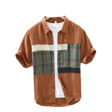 Imagem de Camisa de manga curta masculina lisa de linho com gola virada para baixo, camisa casual xadrez de verão, Laranja 2523, GG