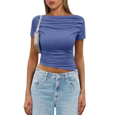 Imagem de Tankaneo Camisetas femininas com ombros de fora, gola canoa, manga curta, gola canoa, verão, Y2k, justas, básicas, Azul escuro, M