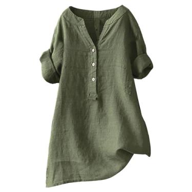 Imagem de Camiseta de linho feminina Henley cor sólida manga longa plus size túnica verão sair, Ag, G