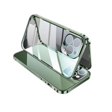 Imagem de KOMISS Capa para iPhone 14Pro Max/14 Pro/14 Plus/14, moldura magnética de metal dupla face, vidro temperado transparente à prova de choque com capa de proteção para câmera fina, verde 1,14 Plus de 6,7