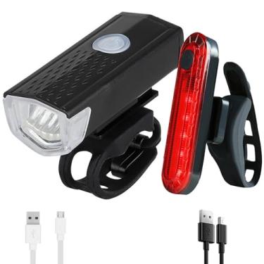 Imagem de YUERWOVER Conjunto de luz de bicicleta recarregável ultra brilhante, farol dianteiro e traseiro traseiro para ciclismo, à prova d'água, luz de flash de aviso, acessórios para crianças, homens,