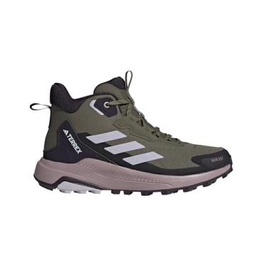 Imagem de adidas Tênis feminino Terrex Anylander de cano médio Rain.rdy para caminhada, Olive Strata/Silver Dawn/Amber Tint, 34