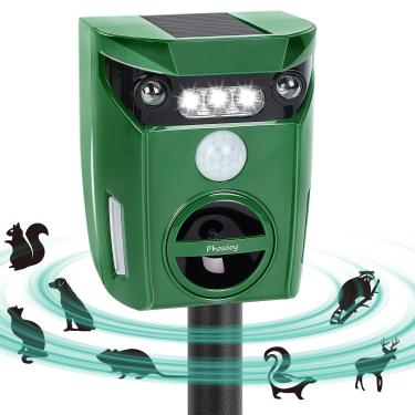 Imagem de Phosooy Repelente ultrassônico de animais, repelente solar à prova d'água contra animais com sensor de movimento e luzes LED piscando, afasta gatos, esquilos, ratos, gambás, guaxinins e cervos