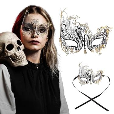 Imagem de Máscara feminina de filigrana de metal – máscara estilo cisne com strass para carnaval, baile, dia das bruxas e festas venezianas, Pedras pretas/pretas com glitter dourado, tamanho nico