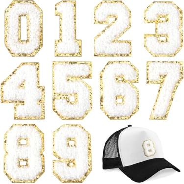 Imagem de HINZIC 10 peças de adesivos de números 0-9, adesivos autoadesivos, aplique de bordado de chenille branco de 5 cm para roupas do time universitário, camisetas de rúgbi, esportes, futebol, vôlei,