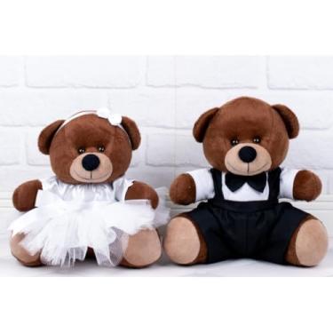 Imagem de Ursos de Pelúcia Casal, Ursinho Marrom com Vestido Branco e Terno Preto, Tedde 26 cm (Tedde Pajem Preto, Daminha Branca, padrão - Pelúcia Marrom)
