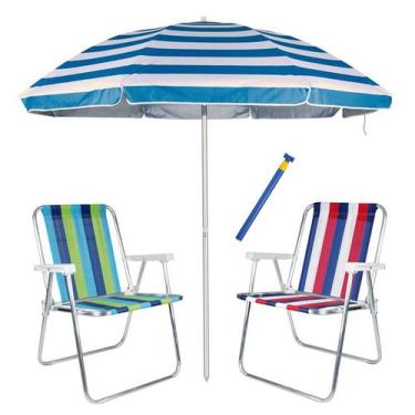 Imagem de Kit Praia 2 Cadeiras Alta Alumínio + Guarda Sol 2,6m Listrado Alum + S