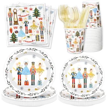 Imagem de JarThenaAMCS Kit de artigos de festa de Natal, 175 peças, aquarela, quebra-nozes, conjunto de utensílios de mesa descartáveis de Natal, inverno, papel guardanapo, prato, copo, garfo, facas, colher