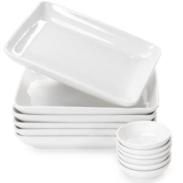 Imagem de FAMHH Conjunto de pratos de aperitivo de 20,3 cm com copos de molho para servir, sobremesas, saladas – resistente a lascas, porcelana, pratos de jantar retangulares – sem plástico e chumbo – 6 pratos pequenos e brancos e copos