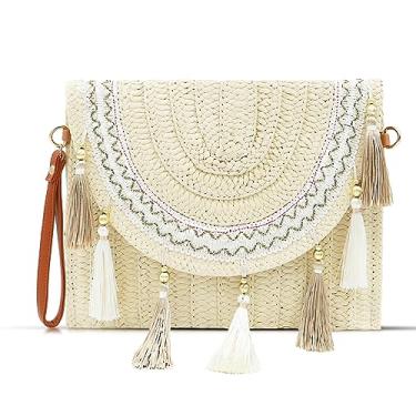 Imagem de QTKJ Bolsa transversal feminina, bolsa clutch de palha, pacote de envelope, bolsas boêmias, bolsa clutch adequada para praia, viagens, combinação diária, Bege