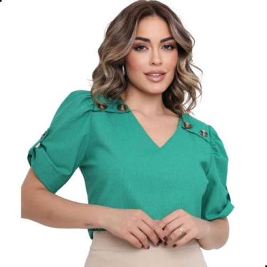 Imagem de Blusa Social Feminino Linho Alfaiataria com Botão - G-Store, Verde, M