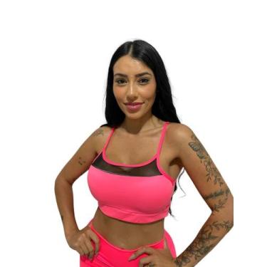 Imagem de top alcinha tule com forro croped com bojo removível - TB modas, Rosa,