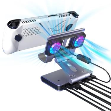 Imagem de Dock de ventilador para Steam Deck/ROG Ally X/Legion Go/MSI Claw, suporte ajustável 6 em 1, equipado com HDMI 4K@60Hz, Ethernet 1000Mbps, 3* USB-A 3.0 e carregamento rápido para Steam Deck OLED.
