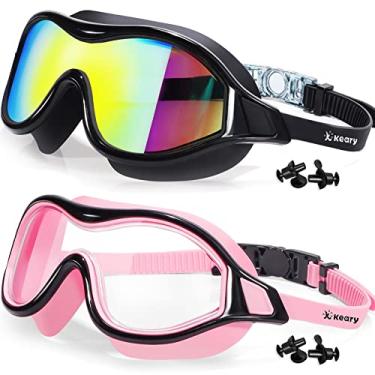 Imagem de Keary Pacote com 2 óculos de natação anti-embaciamento para adultos, homens e mulheres, jovens, proteção UV, à prova d'água, armação grande, óculos de natação transparentes para piscina, máscara de