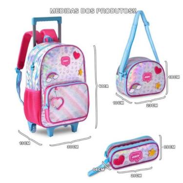 Imagem de Kit Mochila Infantil Rosa Holográfica Rodinhas Menina Escolar Reforçad