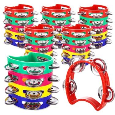 Imagem de GBACHOOSE 30 pandeiros de percussão para adultos, pandeiros de plástico colorido com 4 sinos, pequeno instrumento de ritmo musical de pandeiro portátil para concertos de festa na igreja