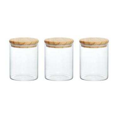 Imagem de Kit de 3 porta mantimento de vidro hermético com tampa de bambu 550ml 