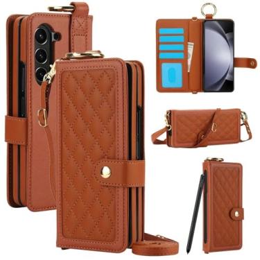 Imagem de Capa de couro com slot para cartão de bloqueio e suporte para caneta para Samsung Galaxy Z Fold 6 5 4 3 5g capa de telefone tipo carteira crossbody (sem caneta), marrom, para Samsung Galaxy Z Fol
