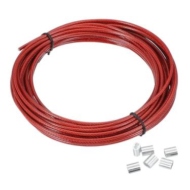 Imagem de PATIKIL Corda de arame de 1/20.3 cm, cabo de aço inoxidável 304 de 10 m revestido de vinil preto com 20 peças de mangas de crimpagem M3 para pendurar luzes de varais, fio de treliça, vermelho