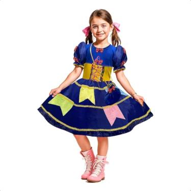 Imagem de Vestido Caipira Infantil Festa Junina de Luxo Azul Com Bolsa (PP 3-4)