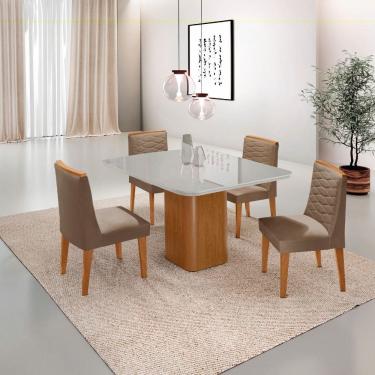 Imagem de Mesa de Jantar Eloise 90cm Tampo MDF Vidro Canto Copo com 4 Cadeiras Eloise Moderna Mobília