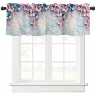 Imagem de Cortinas de janela sanefas, flor azul rosa verão primavera haste bolso cortina curta para cozinha, quarto, sala de estar, café, 1 painel, textura vintage 137 x 45 cm