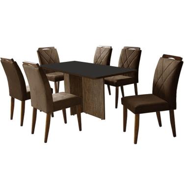 Imagem de Mesa de Jantar Los Angeles 160x80cm em Veludo com 6 Cadeiras California Minas Plac Cor Canela Grafite com Tecido Marrom