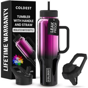 Imagem de Copo Coldest com alça e canudo - Copo 100% à prova de derramamento com canudo (3 tampas) - Copos isolados de aço inoxidável à prova de vazamento para mulheres e homens - Adequado para porta-copos