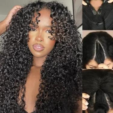 Imagem de Sunber Peruca De Cabelo Humano Com Parte Em V, Sem Cola, Crespa E Cacheada, Sem Precisar De Enxágue, Peruca Afro Crespa E Cacheada, Densidade 150%, Sem Cola, Sem Costura, Ideal Para Iniciantes, 16