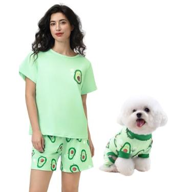 Imagem de XPUDAC Conjunto de pijama feminino combinando para cães e donos, camiseta de manga curta e shorts, pijamas de dono e animal de estimação são vendidos separadamente, GG
