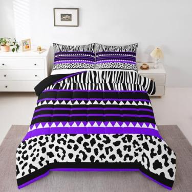Imagem de Feelyou Conjunto de cama de microfibra para meninos e meninas, roxo, geométrico, tamanho Queen, listrado, decoração de quarto de crianças e adolescentes
