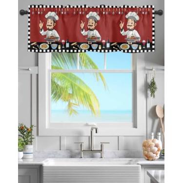 Imagem de YOKOU Cortina de cortina, Fun Chef Kitchenware Food Borgonha Red Rod Pocket Cortina de janela curta para sala de estar, quarto, cozinha, banheiro, 1 painel, 137 x 45,7 cm, preto e branco xadrez