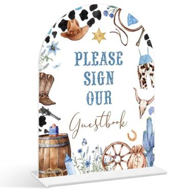 Imagem de Please Sign Our Guestbook Sign - Placa de chá de bebê caubói, 1 pacote de placa de acrílico com suporte, decoração de mesa de festa reveladora de gênero, artigos de chá de bebê de rodeio do oeste