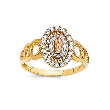 Imagem de Savlano Anel religioso feminino com zircônia cúbica de corte redondo banhado a ouro 18K amarelo branco e rosa tricolor Lady of Guadalupe, Metal, Zircônia cúbica