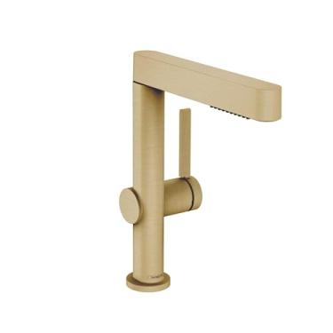 Imagem de hansgrohe Finoris Torneira moderna para pia de banheiro com 1 furo de 25,4 cm de altura em ouro escovado óptico, 76063251