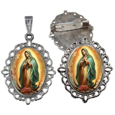 Imagem de Broche com Relicario Cor Prata Nossa Senhora de Guadalupe Terno Noivo 