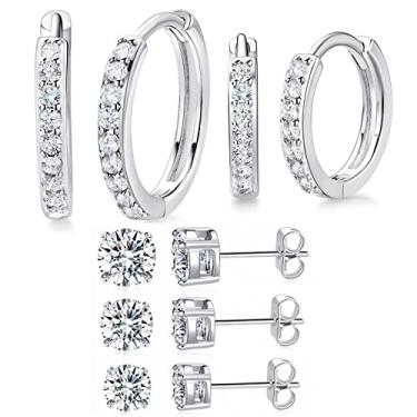 Imagem de MDFUN Conjunto de brincos de zircônia cúbica banhados a ouro branco 14K Hoops Huggie para mulheres, pacote com 2/5 pares, Ouro branco, Zircônia cúbica