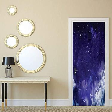 Imagem de Papel de parede com pintura de parede para porta de quarto, noite sonhadora com estrelas nuvens cometas etérea noite surreal cena calma, para dormitórios, escritórios e decoração de casa, L60 x C 190