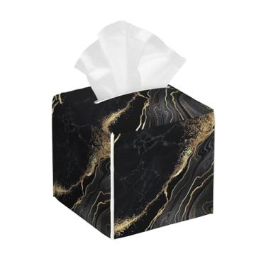 Imagem de Capa quadrada de caixa de lenços de papel de mármore dourado preto, suporte de lenços de couro com cinto inferior, organizador de papel facial à prova d'água, capa de caixa de lenços para casa