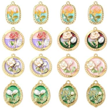 Imagem de UR URLIFEHALL 16 peças, 8 estilos, pingentes de rosas barrocas, imitação de pérola, pingente de flor esmaltado, plano, redondo, oval floral para fabricação de joias a granel
