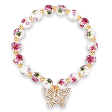 Imagem de Mikovivi Pulseira de Contas Floral Borboleta, Vintage Ajustável Flor Borboleta Pulseira de Contas Porcelana Feita à Mão Elástica Joia Delicada para Mulheres