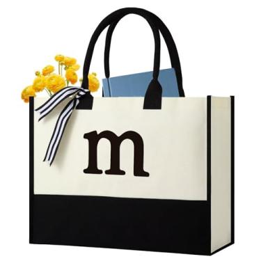 Imagem de Koyzsen Sacolas personalizadas com inicial de lona, monograma bordado com alça de couro, presente adequado para mãe, casamento, praia (m)