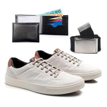 Imagem de Kit Tenis Masculino Casual Com Carteira Cinto Sapatenis De Amarrar Confortavel Leve Macio (Areia, BR, Adulto, Numérico, 44)