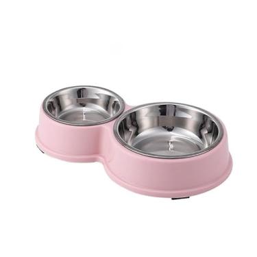 Imagem de Comedouro e bebedouro inox Duplo para bicho de estimação cachorro ou gatos C/antiderrapante(Rosa)
