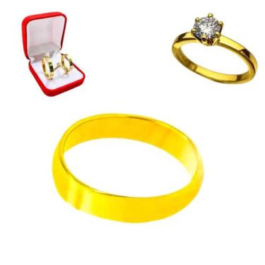 Imagem de Aliança 4mm Ouro 18k Noivos Reta Casamento + Anel Solitário 2mm Pedra 